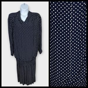 Greg Adams Woman Cowl Neck Long Sleeve Drop Waist 80s Blue Polka Dot Dress 18/XL